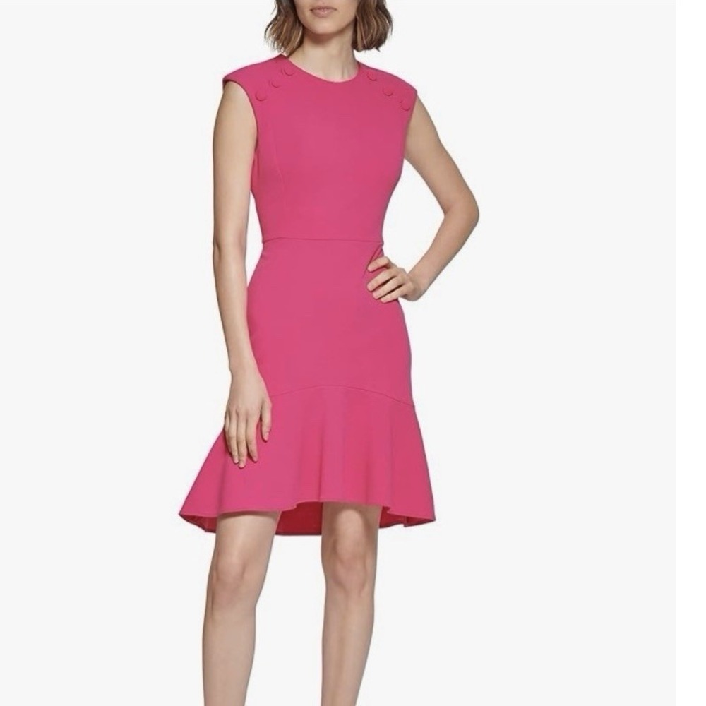 Calvin Klein Hot Pink Flounce Ruffle Hem Crepe Sleeveless Midi Dress Size 10